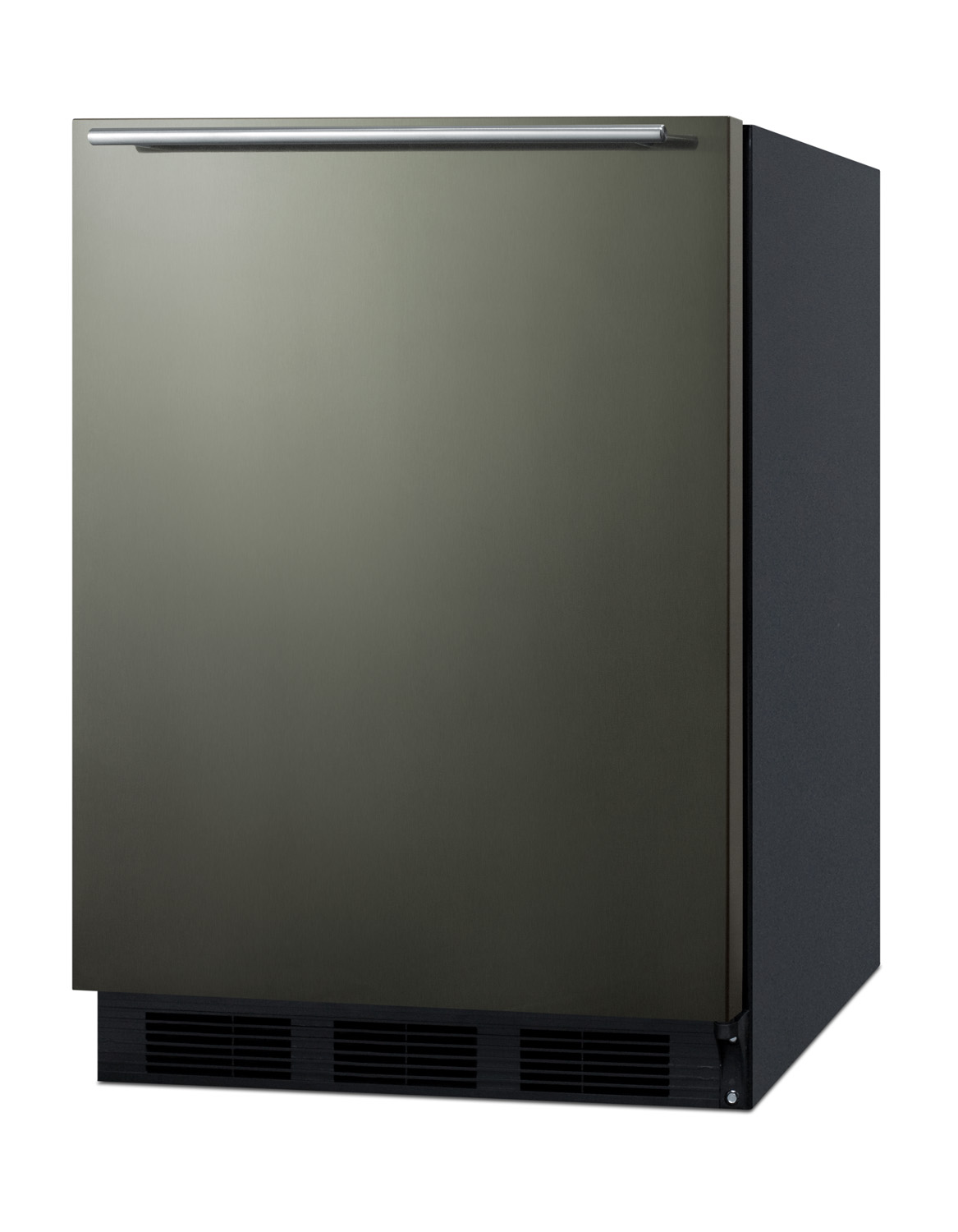 Built-in undercounter all-refrigerator for residential use, auto defrost with a black stainless steel wrapped door, horizontal handle, and black cabinet